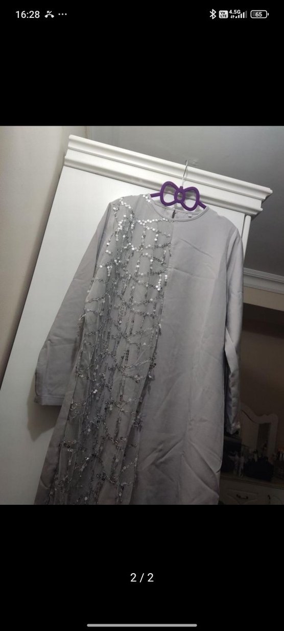 Uzun Gri Kadın Abiye Elbise - Görsel 2