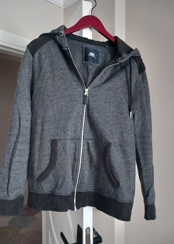 Gri Kapüşonlu Fermuarlı Erkek Sweatshirt