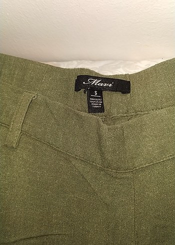 Mavi Kadın Keten Kumaş Kemerli Mini Yeşil Pantolon