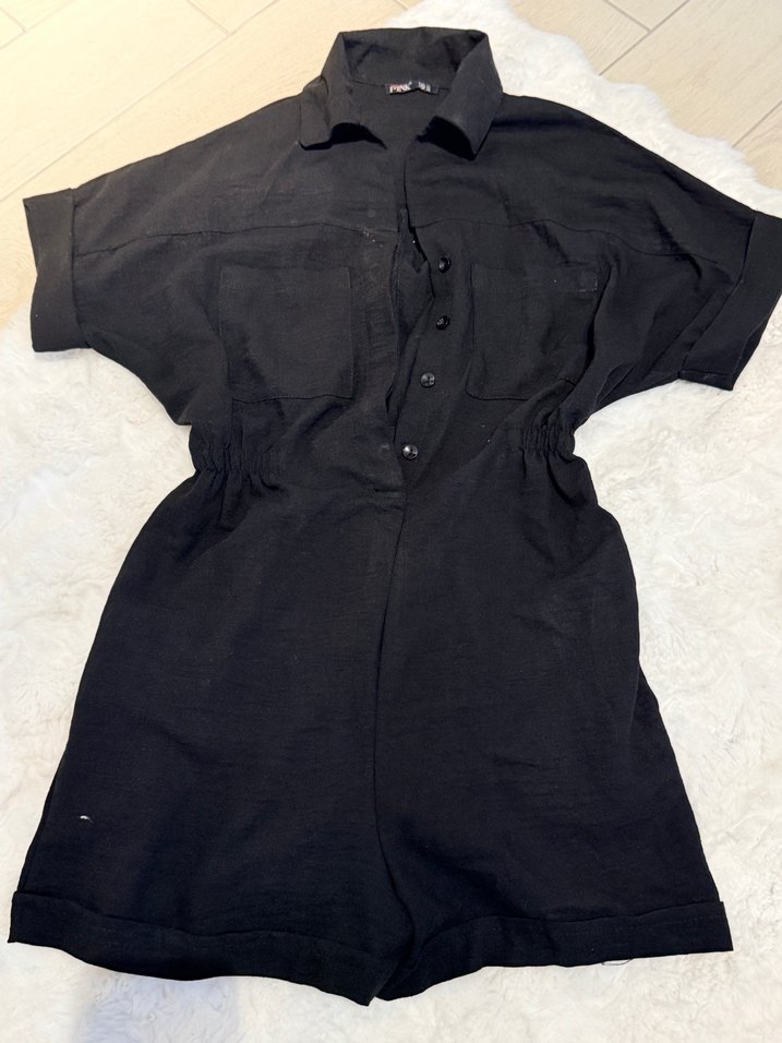 Düğmeli Siyah Keten Kadın Tulum - Görsel 2