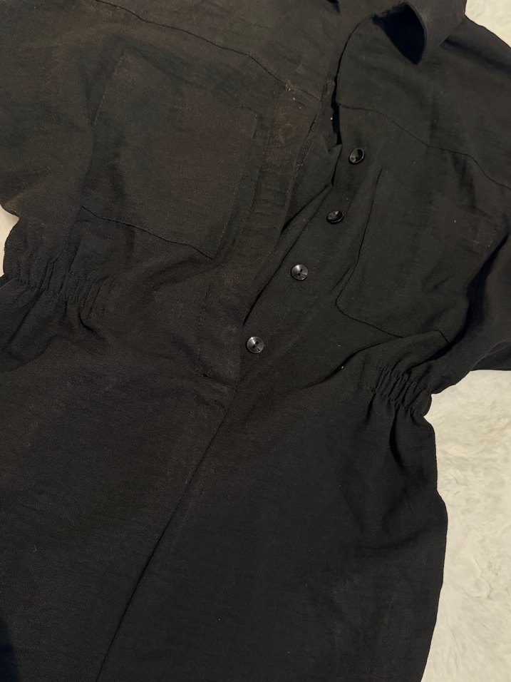 Düğmeli Siyah Keten Kadın Tulum - Görsel 4