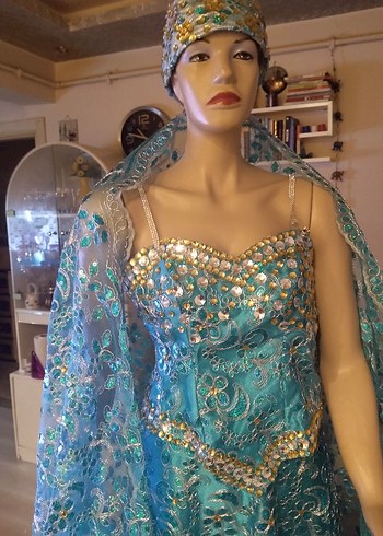 Parlak Turkuaz Drapeli Uzun Bohem Abiye - Görsel 4