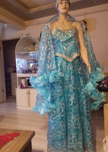 Parlak Turkuaz Drapeli Uzun Bohem Abiye - Görsel 6