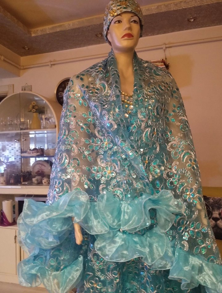 Parlak Turkuaz Drapeli Uzun Bohem Abiye - Görsel 2