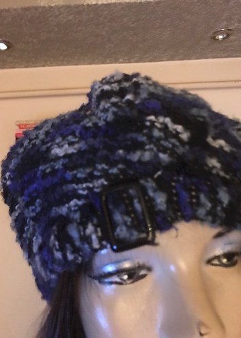 Kadın Mavi lacivert gri tokalı Örgü Bohem Bere - Görsel 2