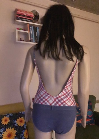 Kadın Gri Kareli ve denim İnce Askılı Mayo - Görsel 5