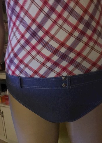 Kadın Gri Kareli ve denim İnce Askılı Mayo - Görsel 4