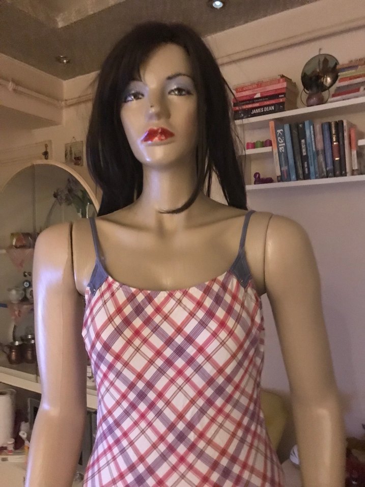 Kadın Gri Kareli ve denim İnce Askılı Mayo - Görsel 2