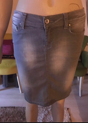 Leke Leke Gri Midi Denim Kadın Kalem Etek