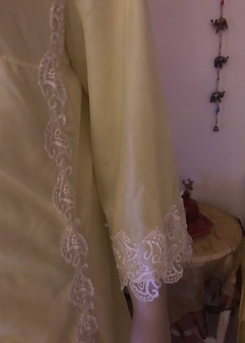 s Beden beyaz Renk Vintage Bohem Beyaz Dantel Detaylı Uzun Kollu Sabahlık