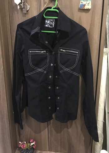 Loft siyah Düğmeli Uzun Kollu Denim Gömlek