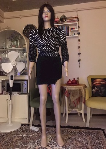 m Beden Random Puantiye Desenli Siyah Retro Bluz