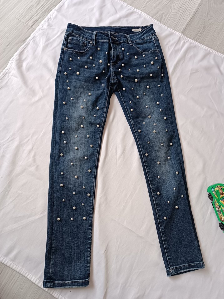 Boncuk Detaylı Nakışlı Mavi kız çocuk Kot Pantolon - Görsel 2