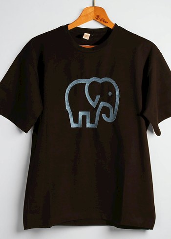 Fil Desenli Nakış İşleme Tişört %100 Pamuk Siyah Sıfır Yaka - Görsel 2