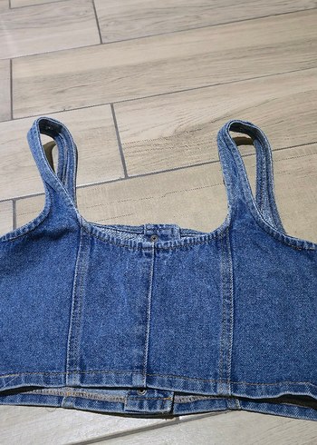 Düğmeli Mavi Denim Kadın Bustiyer - Görsel 2