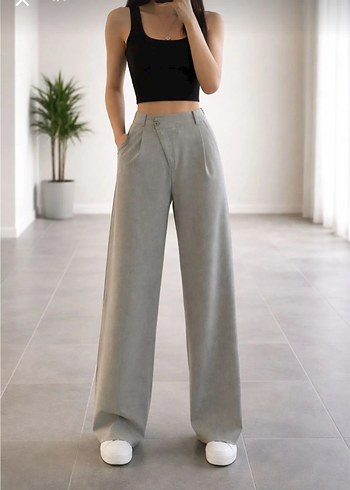 Gri Keten palazzo Kadın Pantolon - Görsel 2