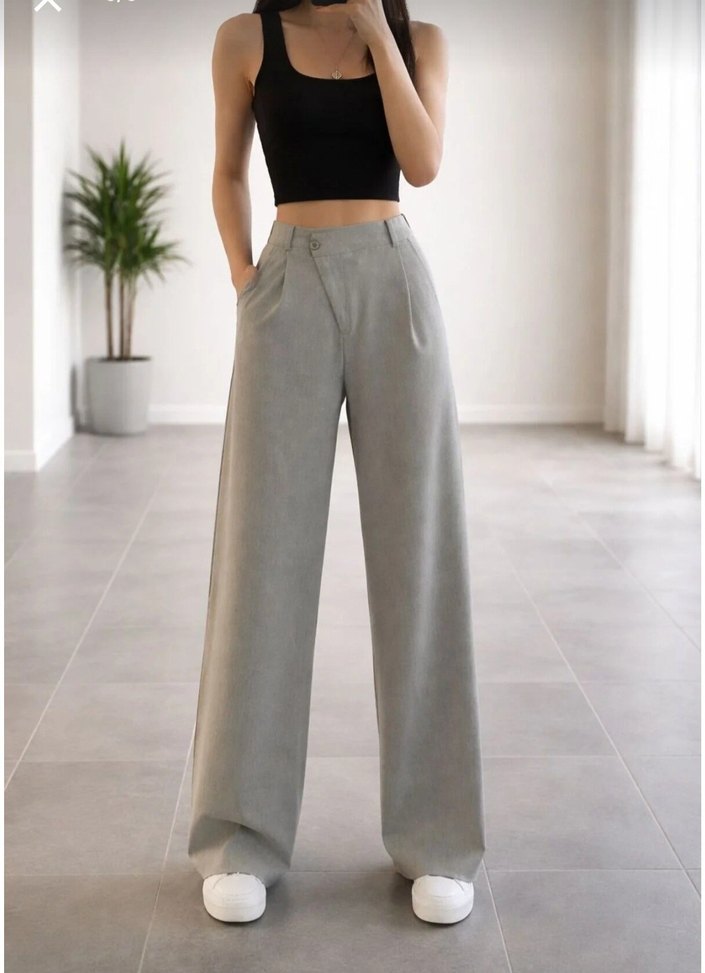 Gri Keten palazzo Kadın Pantolon - Görsel 2