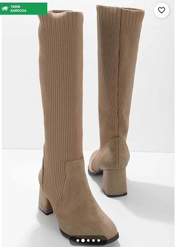Bej Süet Triko Detaylı Kadın çizme - Görsel 2