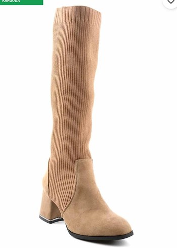 Bej Süet Triko Detaylı Kadın çizme - Görsel 3