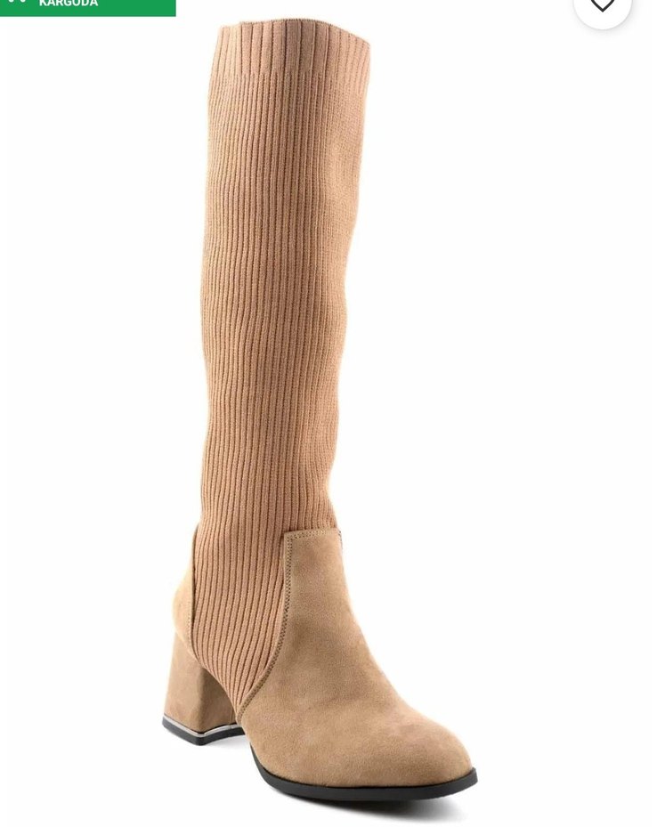 Bej Süet Triko Detaylı Kadın çizme - Görsel 3
