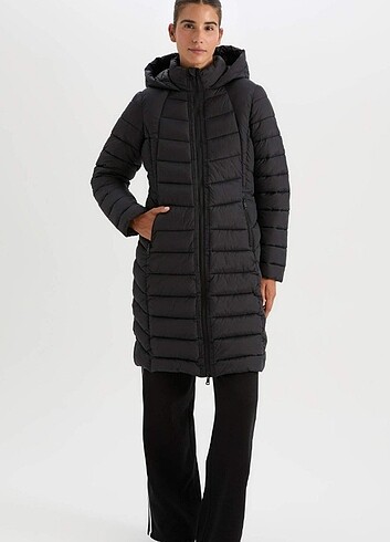 Defacto DeFactoFit Su İtici Uzun Şişme Mont Parka Kapüşonlu Slim Fit Dar