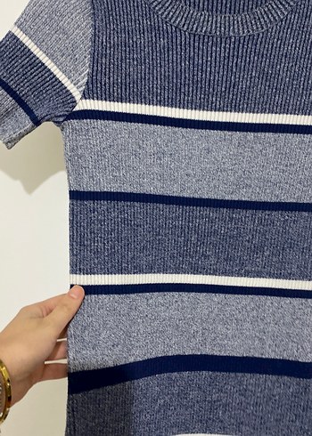 Zara Gri Çizgili Kısa Kollu Triko Elbise