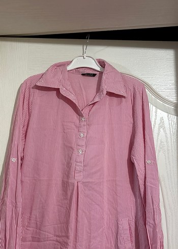 Düğmeli Pembe Keten Kadın Gömlek - Görsel 2