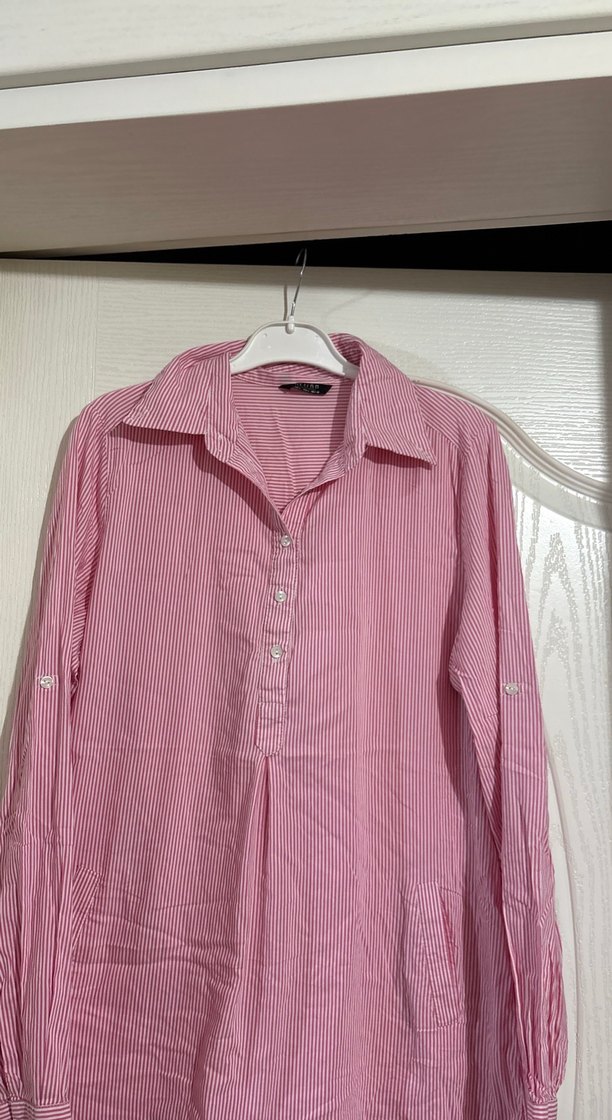 Düğmeli Pembe Keten Kadın Gömlek - Görsel 2