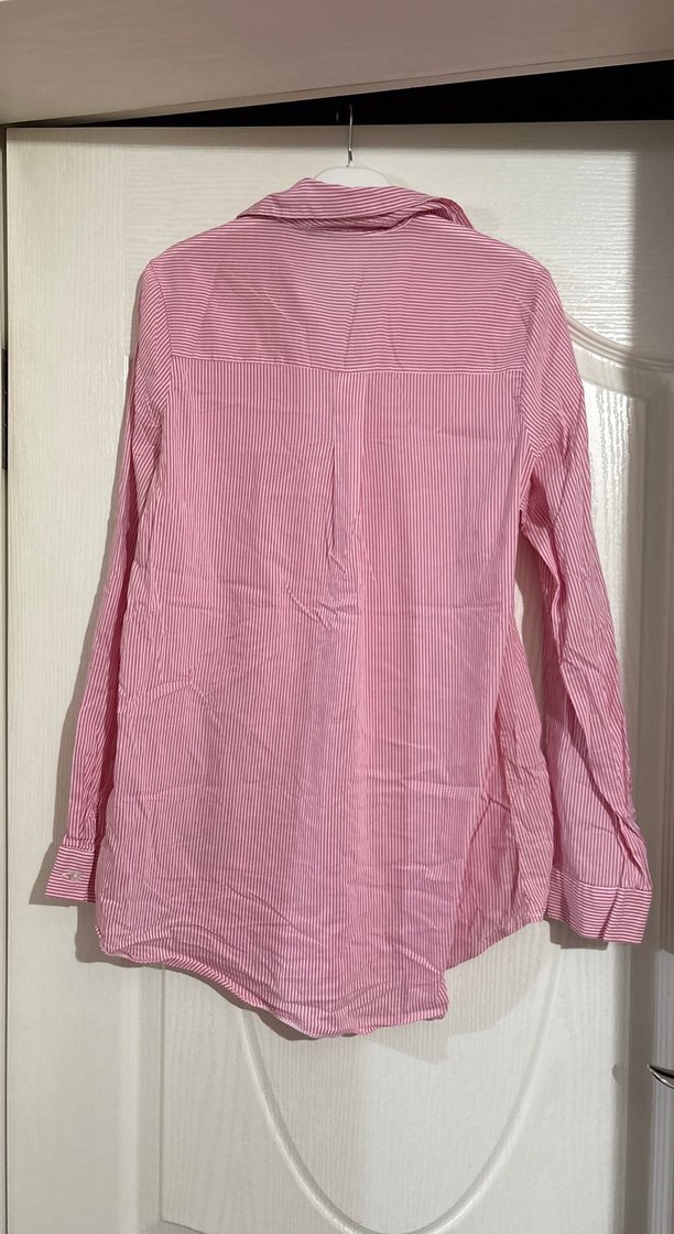 Düğmeli Pembe Keten Kadın Gömlek - Görsel 3