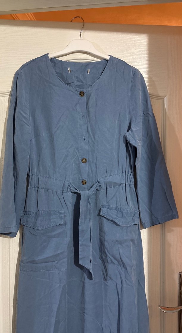 Düğmeli Uzun Keten Elbise - Görsel 2