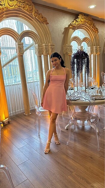 pembe mini elbise abiye - Görsel 5