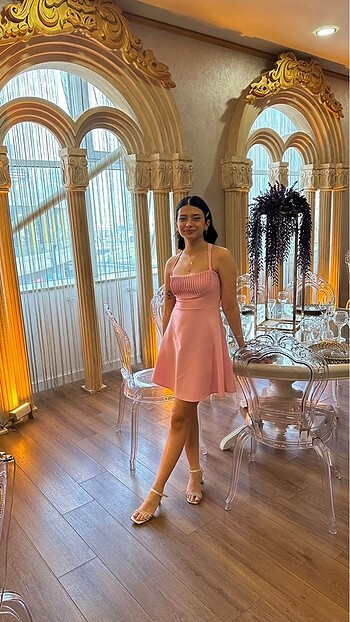 pembe mini elbise abiye - Görsel 6