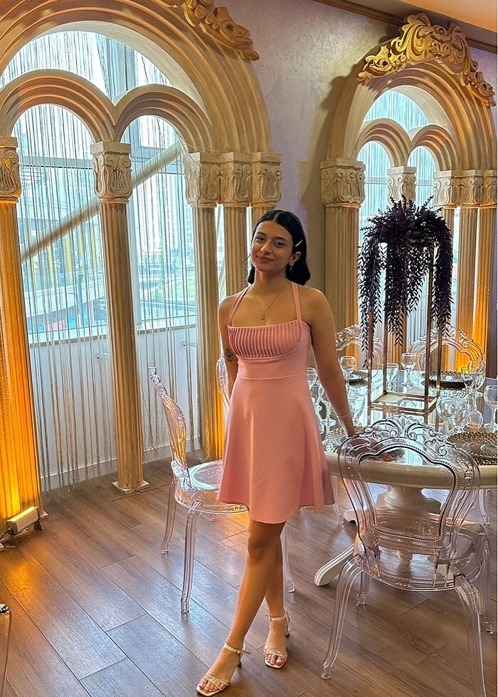 pembe mini elbise abiye - Görsel 4