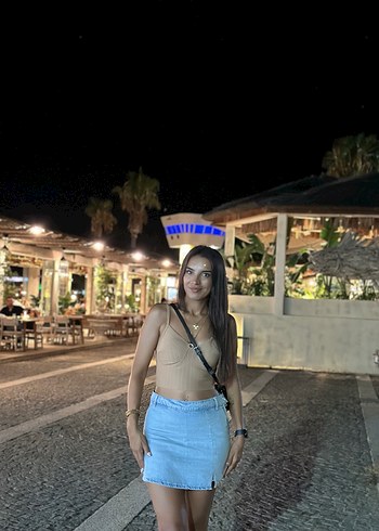 Camel Renk Bağlama Desenli Kısa Denim Mini Etek