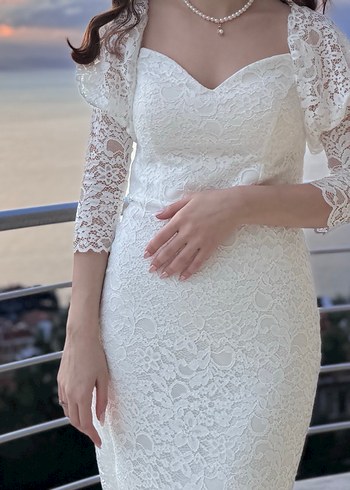 Dantel İşlemeli Beyaz midi Abiye Elbise - Görsel 2