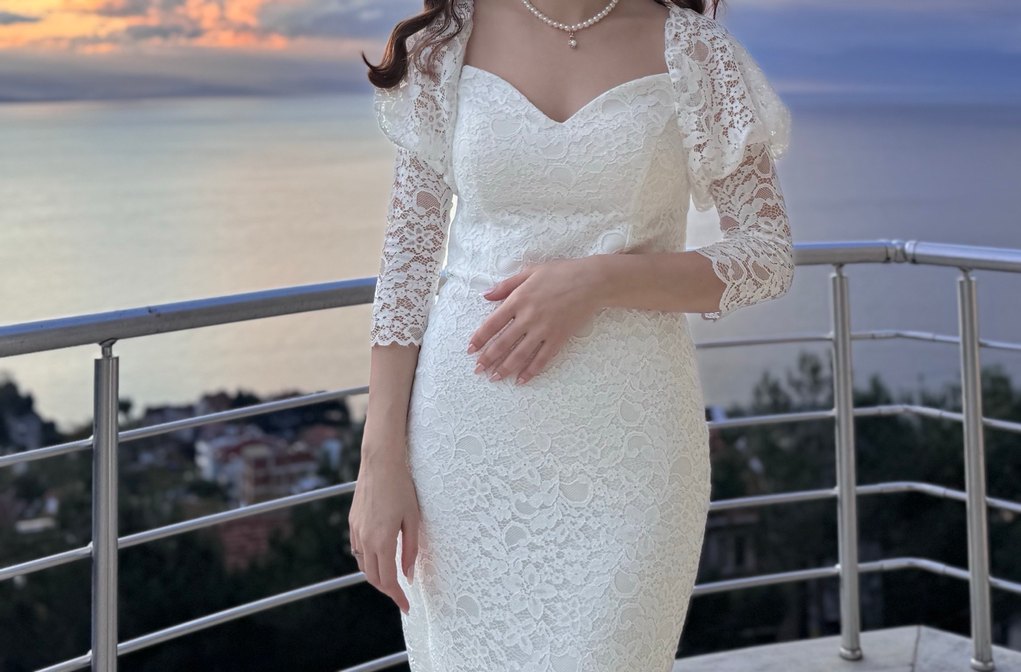 Dantel İşlemeli Beyaz midi Abiye Elbise - Görsel 2