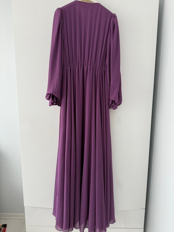 Mor Uzun Kollu Piliseli Kadın Elbise - Görsel 2