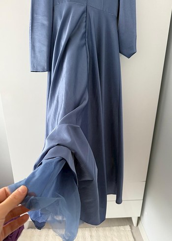 Drapeli Uzun Kollu Mavi Abiye Elbise - Görsel 3