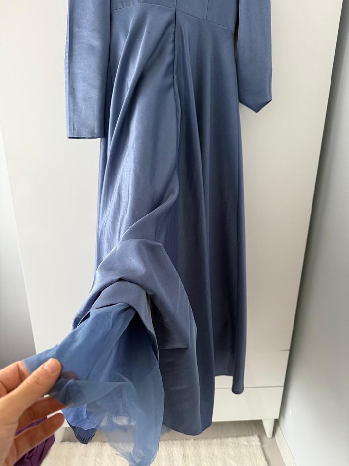 Drapeli Uzun Kollu Mavi Abiye Elbise - Görsel 3