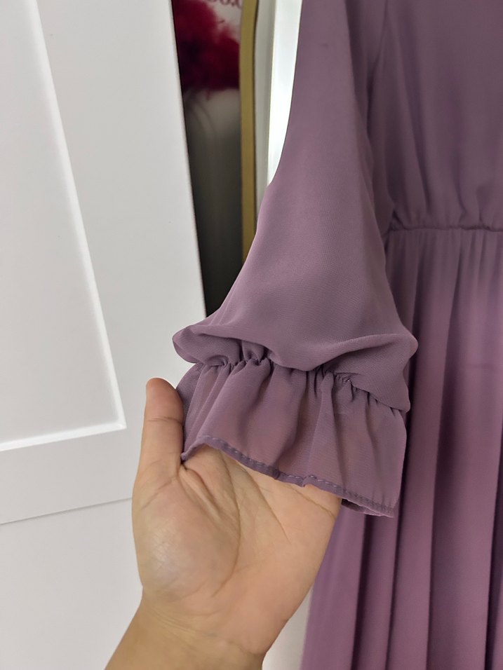 Mor Uzun Drapeli Kadın Elbise - Görsel 3