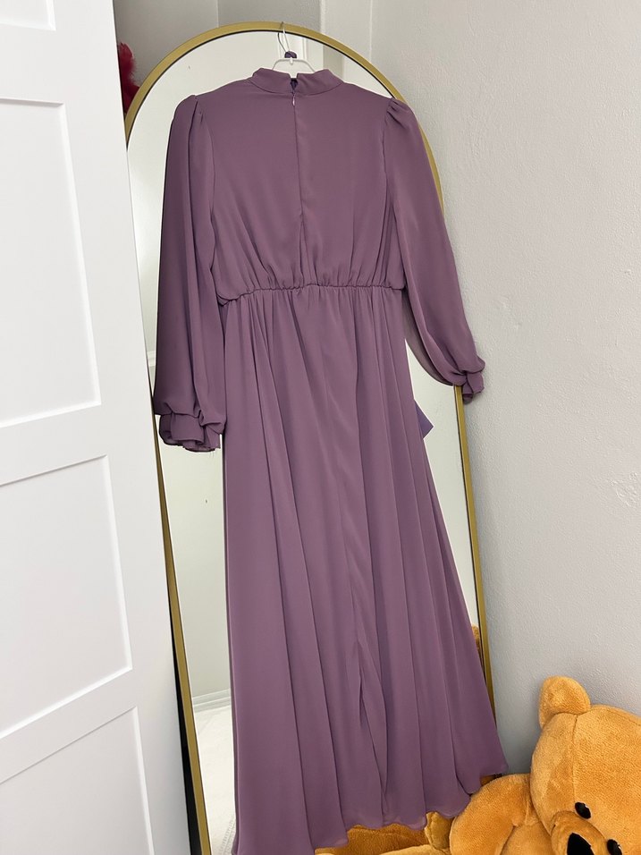Mor Uzun Drapeli Kadın Elbise - Görsel 5