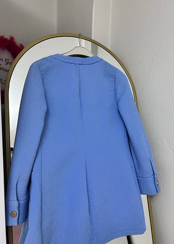 Düğmeli Mavi Keten Mini Blazer - Görsel 4