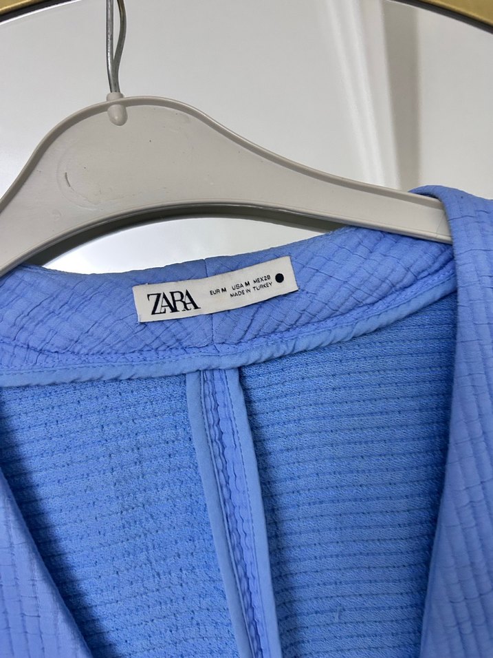 Düğmeli Mavi Keten Mini Blazer - Görsel 3