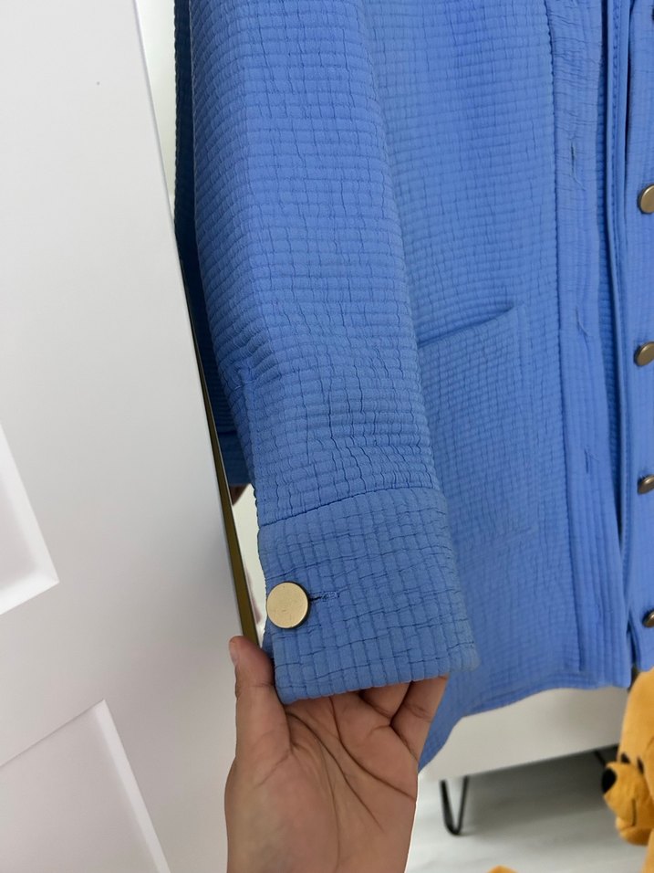 Düğmeli Mavi Keten Mini Blazer - Görsel 2