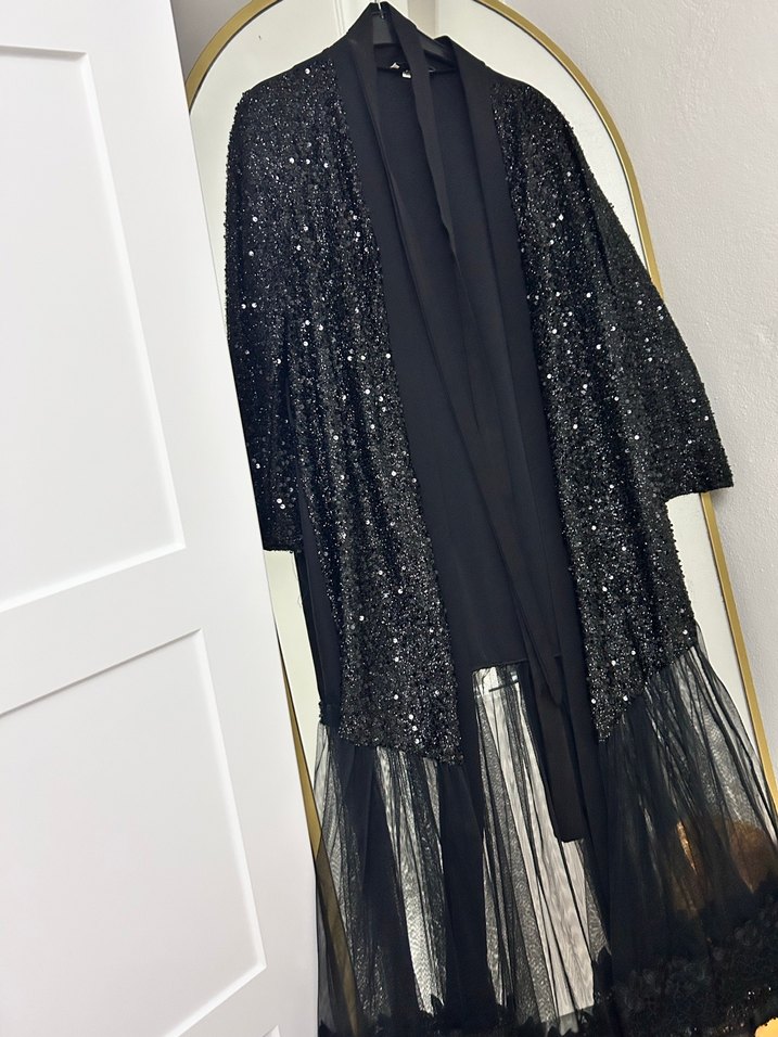 Drapeli Siyah Uzun Kadın Elbise - Görsel 5