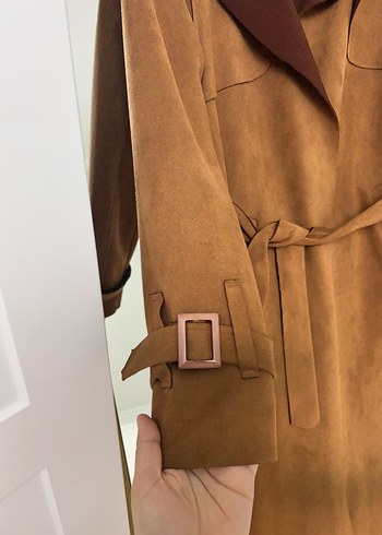 Kahverengi Süet Kemerli Uzun Kadın Trençkot - Görsel 3
