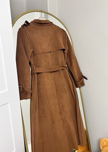 Kahverengi Süet Kemerli Uzun Kadın Trençkot - Görsel 5