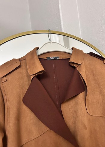 Kahverengi Süet Kemerli Uzun Kadın Trençkot - Görsel 6