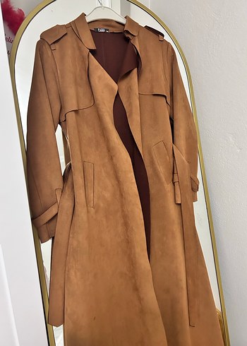 Kahverengi Süet Kemerli Uzun Kadın Trençkot - Görsel 2