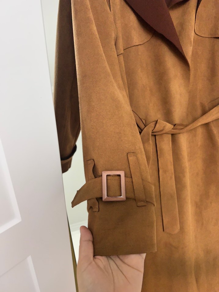 Kahverengi Süet Kemerli Uzun Kadın Trençkot - Görsel 3